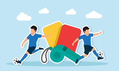 two football players playing near a whistle and red and yellow cards illustration of fair play in football