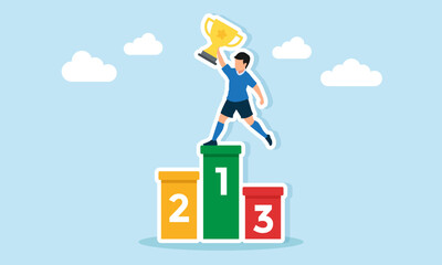 football player holding a ball and trophy on the winner podium illustration of winning a football competition and league championship