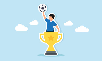 football player carrying a ball emerging from a trophy illustration of winning a football competition and league championship