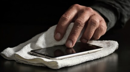 Wipe Cell Phone. Man Cleans Smartphone Screen with Microfiber Cloth