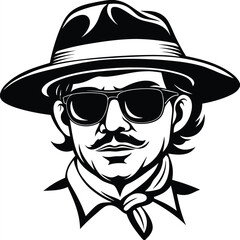 Stylish man with hat and sunglasses, featuring handlebar mustache in detailed monochrome