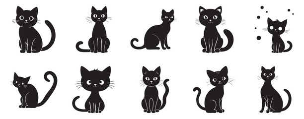 Cat Silhouette Cute logo illustration set collection representing charming feline outlines in playful and minimalist styles suitable for pet brands children’s products and cozy lifestyle designs