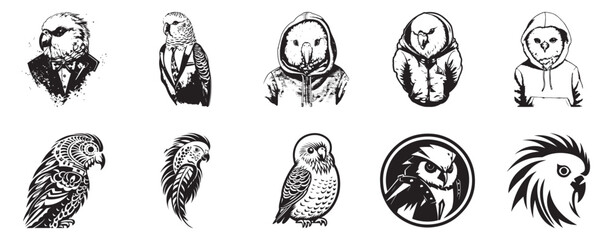 Budgerigar Tribal Wearing Hoodie Suit logo illustration set collection representing a unique blend of avian charm cultural patterns and modern fashion suitable for character design streetwear branding