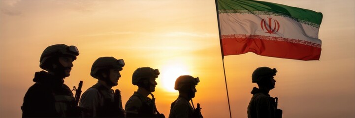 a silhouette of iranian soldiers holding a flag against a sunset sky, realistic, highly detailed, cinematic lighting, dramatic, hyper-realistic, 8k
