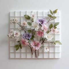 Pastel flowers arranged on a white grid