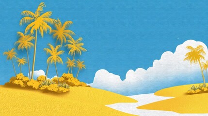 Colorful illustration of a tropical beach scene.