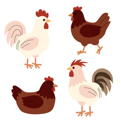 Flat illustration of two roosters and two hens in different poses and colors. Simple cartoon style with warm earthy tones, ideal for farm themed projects, children s books, and educational materials