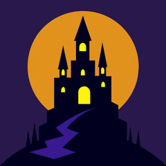 Spooky castle silhouette against a large orange moon