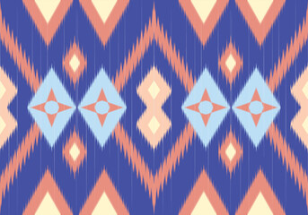 This vibrant seamless Ikat pattern displays geometric shapes in soft blue, peach, and purple tones, arranged symmetrically to form diamonds and arrows in tribal style.