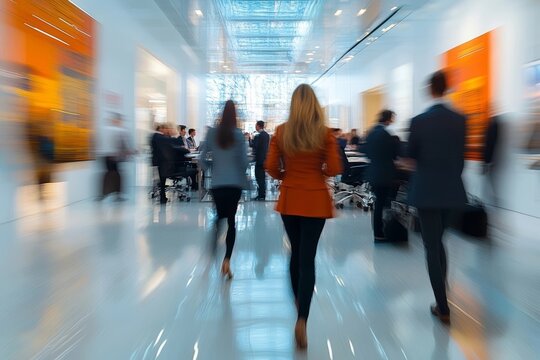 Blurry photo of professionals in a contemporary office conference room gathering.