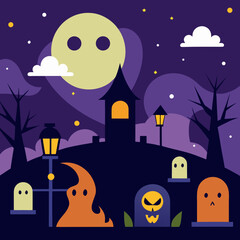Spooky halloween night with ghosts a haunted house and a full moon
