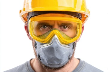 Worker Wearing Mask And Goggles. Experienced Foreman in Construction Industry with Protective Gear