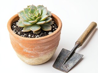Ultra-Detailed Close-Up of Small Terracotta Succulent Pot & Mini Metal Trowel, Centered on White Background, 8K &ndash; For Nature Decor