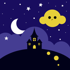 Fototapeta premium Spooky halloween night with haunted house and crescent moon