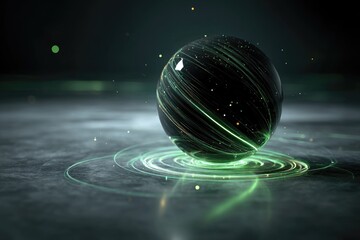 Dark sphere with swirling green light, resting on a textured surface