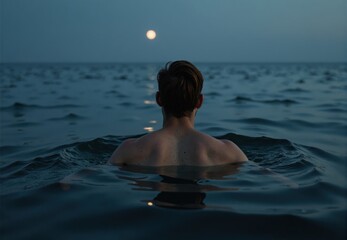 Man Swimming in Ocean at Night