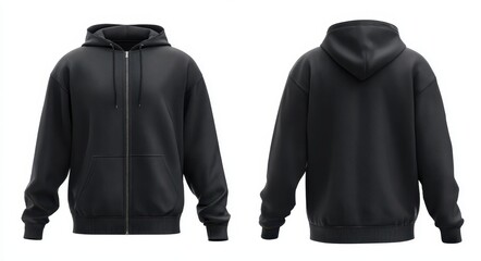Zip Hoodie - Black Men's Hooded Sweatshirt with Zipper for Design Mockup and Print, Isolated on White Background