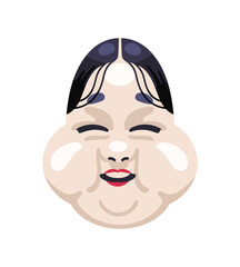 Traditional kabuki mask of okame. Japanese masque of ancient East Asian goddess with happy face. Opera theatre, masquerade in Japan culture. Flat isolated vector illustration on white background