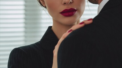 A man in a suit stands close to a woman. The atmosphere suggests tension and discomfort related to harassment