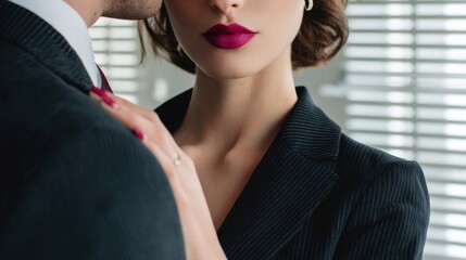 A man in a suit stands close to a woman. The atmosphere suggests tension and discomfort related to harassment
