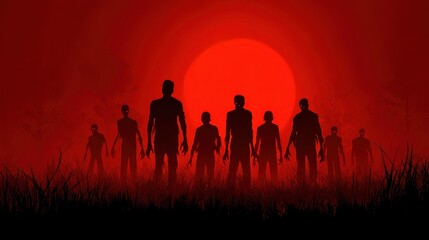 Zombie Group. Silhouette of Scary Zombies in a Halloween Horror Scene