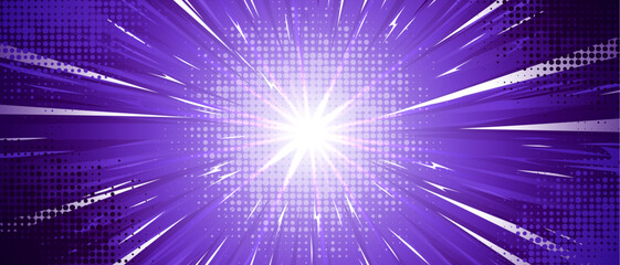 Fototapeta na wymiar Purple anime explosion background with radial speed lines bursting from bright white center. Comic book halftone dots, dynamic motion effects for manga action scenes, superhero fights or energy blasts