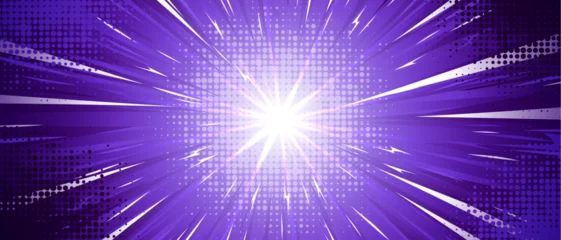 Gordijnen Purple anime explosion background with radial speed lines bursting from bright white center. Comic book halftone dots, dynamic motion effects for manga action scenes, superhero fights or energy blasts © klyaksun