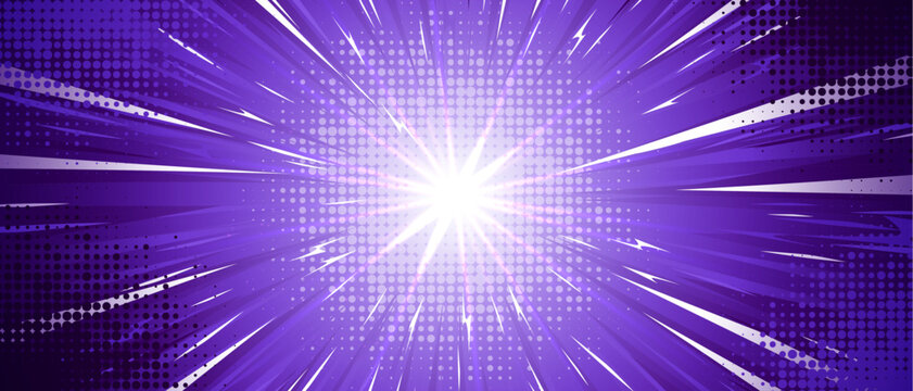 Purple anime explosion background with radial speed lines bursting from bright white center. Comic book halftone dots, dynamic motion effects for manga action scenes, superhero fights or energy blasts