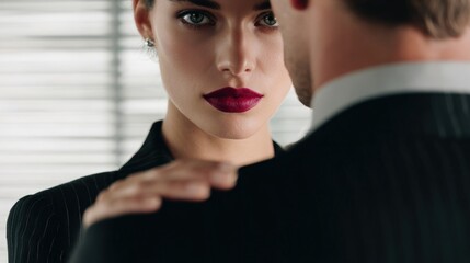 A man in a suit stands close to a woman. The atmosphere suggests tension and discomfort related to harassment