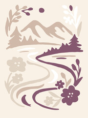 Abstract River And Mountains A Minimalist Landscape Art Print In Muted Tones