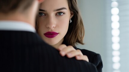 A man in a suit stands close to a woman. The atmosphere suggests tension and discomfort related to harassment