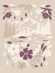 Mountain Landscape With Flowers A Minimalist Nature Scene In Muted Colors