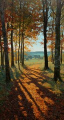 Obraz premium Autumnal forest path bathed in sunlight