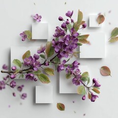 Floral arrangement with purple blossoms and white squares