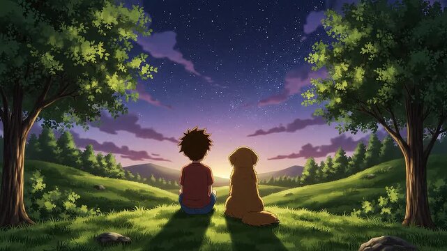 Boy and Dog Sitting Together Watching Colorful Sunset in Nature with Trees and Hills