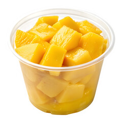 plastic cup filled with mango pieces 
