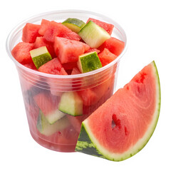 plastic cup filled with watermelon cubes 