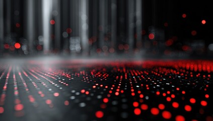 Abstract digital cityscape, red and gray particles on dark background