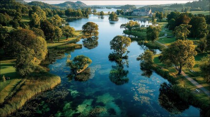 Serene lake with mirrored reflections of trees and hills