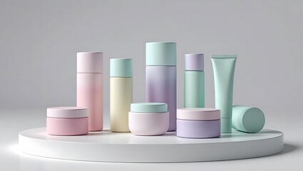 Assortment of pastel colored skincare bottles and jars on a pedestal