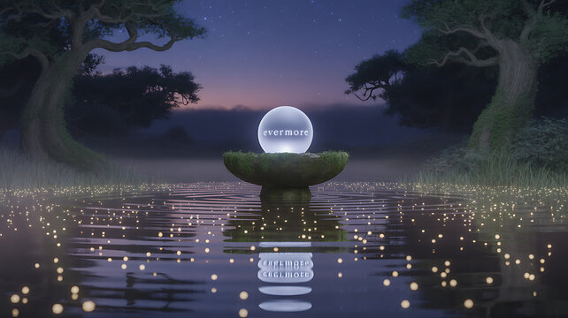 Glowing orb with word evermore on mossy pedestal in misty forest at twilight fantasy magic