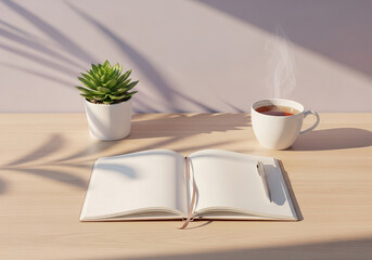 Succulent Plant and Notebook Morning Light.
Succulent, open notebook and tea cup on desk in minimalist, sunlit atmosphere.
