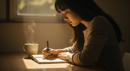 Young woman journaling in warm sunlight with a steaming cup of coffee beside her notebook.
