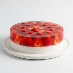 Strawberry Jelly Cheesecake on White Plate.
A delicious layered jelly cheesecake topped with whole strawberries, displayed on a clean white plate.
