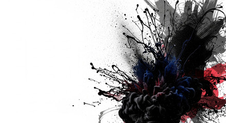 Exploding black ink and paint splash art.
Dynamic abstract splash of black ink and paint explosion on white background with dramatic artistic effect.
