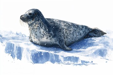 Watercolor painting of a spotted seal resting on icy surface with soft blue shadows and snowy texture