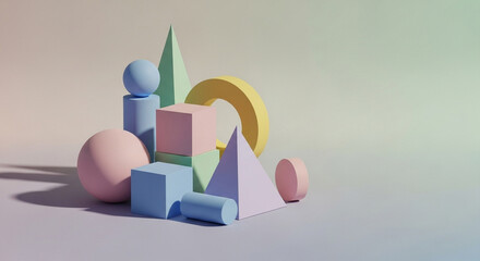 Minimal pastel geometric 3D shapes arrangement.
Abstract composition of pastel 3D geometric shapes including spheres, cubes, and cones in soft gradient background.
