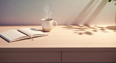 Minimalist Journaling Desk with Warm Tea.
Cozy desk with steaming tea and open journal bathed in warm soft natural light.


