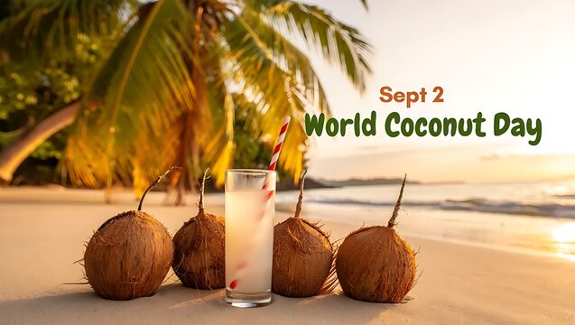 World coconut day celebration with tropical drinks and coconuts on beach - Powered by Adobe
