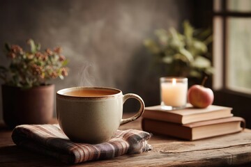 Steaming ceramic mug on a plaid cloth with candle, apple, and books in soft autumn light.